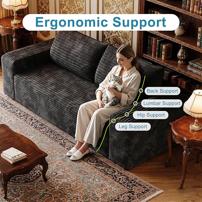 Saiveina 63" Corduroy Loveseat Sofa, Deep Seat Comfy Couch with Backrest and Armrests, No Assembly Required, 2 Seater Couch for Living Room Bedroom Apartment, Black