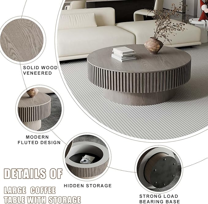 39'' Large Round Coffee Table with Storage, Fluted Coffee Table with Solid Wood Veneered, Mid Century Modern Wooden Center Table, Accent Tea Table for Living Room Apartment, Grey
