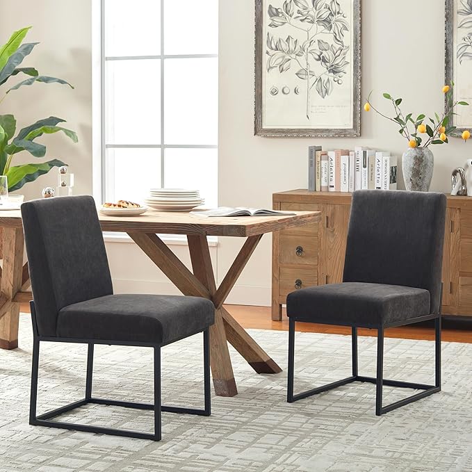 VKNOW Upholstered Dining Chairs Set of 2, Modern Dining Room Chairs, Linen Kitchen Chair Dinner Chair with Black Metal Base for Kitchen Office, Dark Grey-Unstriped
