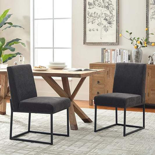 VKNOW Upholstered Dining Chairs Set of 2, Modern Dining Room Chairs, Linen Kitchen Chair Dinner Chair with Black Metal Base for Kitchen Office, Dark Grey-Unstriped