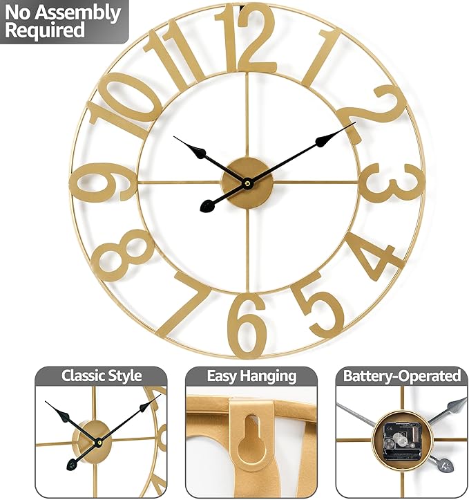Sorbus Gold Metal Wall Clock - 16 inch Decorative Analog Wall Clock for Living Room, Kitchen - Battery Operated