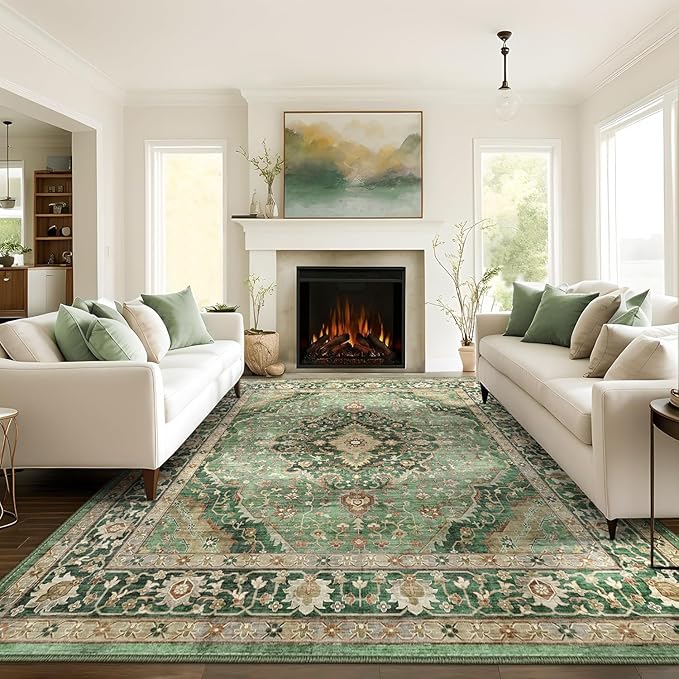9x12 Rugs for Bedroom, Vintage Washable Rugs Non Slip Large Area Rug for Living Room Dining Room Office, Floor Decoration Big Rug Carpet Low-Pile Kid & Pet Friendly(Border Green)