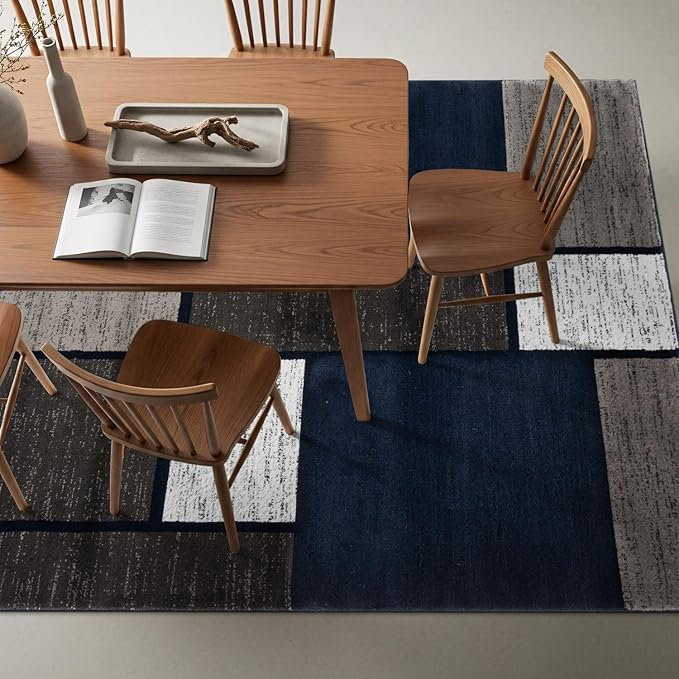 Rugshop Modern Geometric Boxes Navy Area Rug, Non-Shedding Carpet for Living Room, Bedroom, or Dining Room, 5'3" x 7'3"