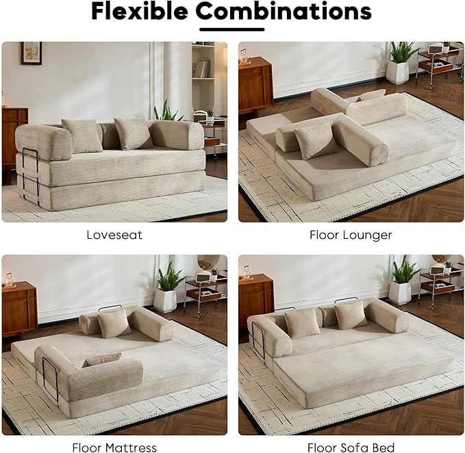 Corduroy Floor Sofa Bed, Convertible Folding Couch Bed with Fixed-Shape Frame and Armrest for Living Room Bedroom Lounge Studio-Beige