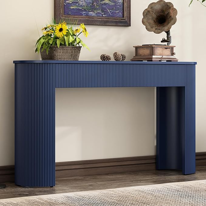 Modern Fluted Console Table 54-Inch Oval Entry Sofa Table with Storage Drawers for Living Room Entryway Hallway Furniture, Navy