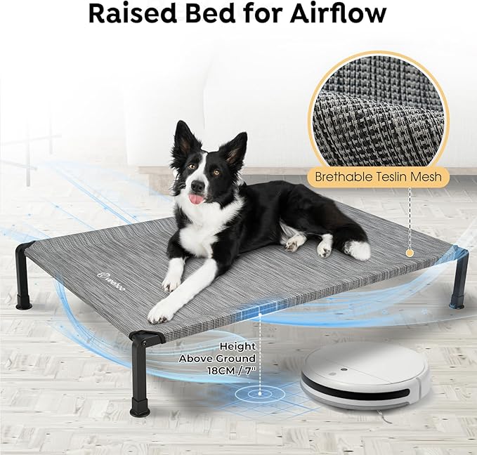 Veehoo Heavy Duty Elevated Dog Bed - Raised With Washable & Breathable Teslin Mesh, Non-Slip Silicon Feet, Cooling Cot for Indoor or Outdoor, 35" x 22", Black Silver, CWC2432