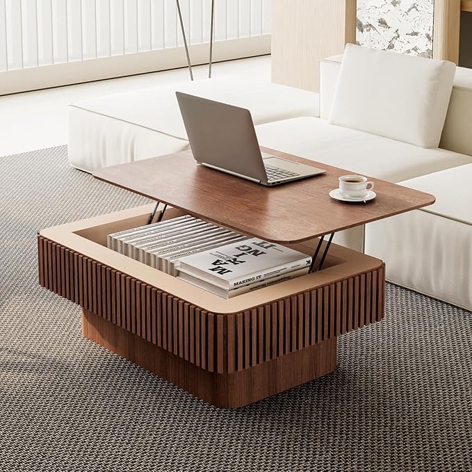 38.6" Lift Top Coffee Table with Storage, Fluted Coffee Table with Solid Wood Veneered, Mid Century Modern Wooden Center Table, Accent Tea Table for Living Room Apartment, Walnut