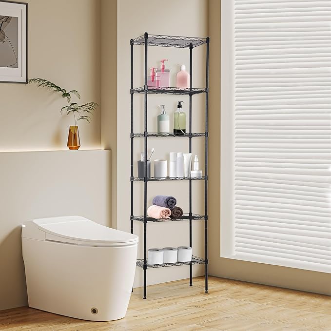 BestOffice | 6-Tier Wire Storage Shelves | 17x12x64 | Black | with Adjustable Racks | Heavy-Duty Metal Shelf, Holds Upto 600 lbs | No-Tool Assembly | Ideal for Home & Garage Shelving