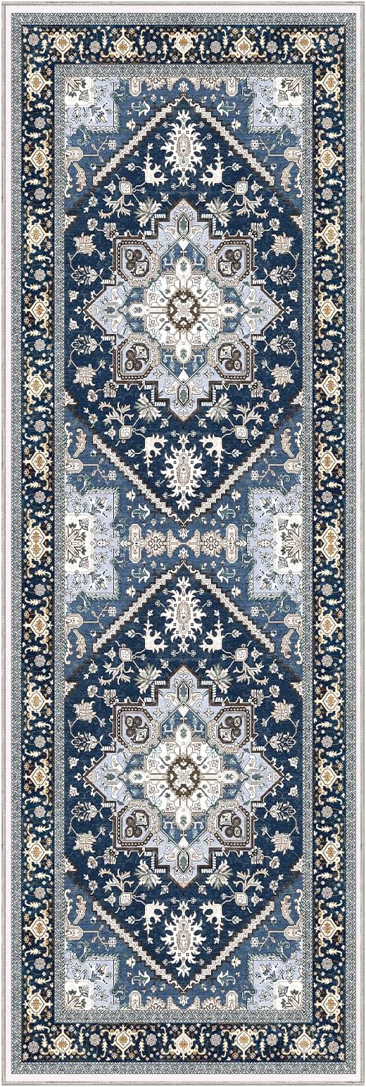 OPPODREAM Thin Entryway Rug 2x6, 2x6 Rug Runner, Washable Hallways Carpet 2 x 6 with Non Slip Backing, Low-Pile Bedside Carpet 2 x 6, Long, Faux Cashmere, Navy Blue & Gold