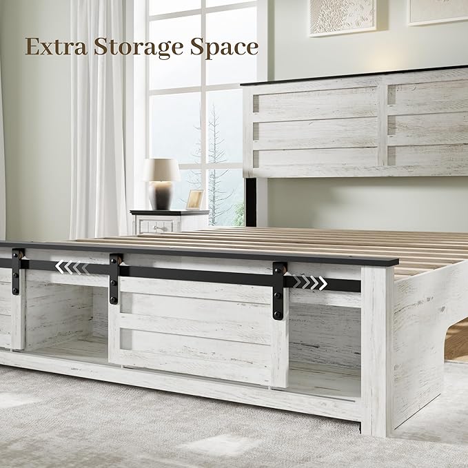 Queen Size Bed Frame with Wood Headboard, Wooden Platform Bedframe with Sliding Barn Door Footboard and Charging Station Easy Assembly, No Box Spring Needed (Boho White, Queen)