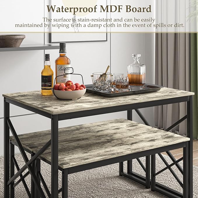 VECELO Kitchen Dining Table Benches Set for 4, 43.3" Wooden Dinette with 2 Benches, Heavy-Duty Dining Room Table for Small Space, Breakfast Nook, Grey