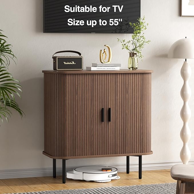 31''W Walnut Buffet Sideboard Cabinet with Storage, Fluted Accent Storage Cabinet with Curvy Edge, Sliding Door, Freestanding Credenza, Console Table for Living Room, Kitchen, Hallway