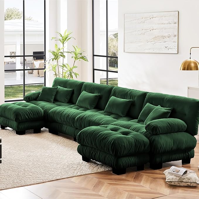 173.2" Oversized Couch, 4 Seater Modular Sectional Sofa, Green Large U Shaped Sectional Couches for Living Room, Fluffy Chenille Fabric Cloud Couch with Ottoman, Deep Seat Sofas