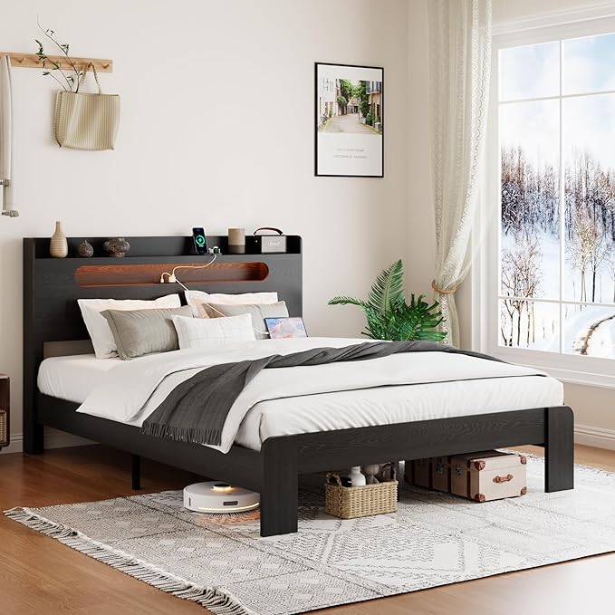 Wooden King Size Bed Frame with Storage Headboard, Farmhouse Platform Bedframe with Charging Station & Led Lights, Sturdy Wood Slat Framework, Easy Assembly (Rustic Black, King)