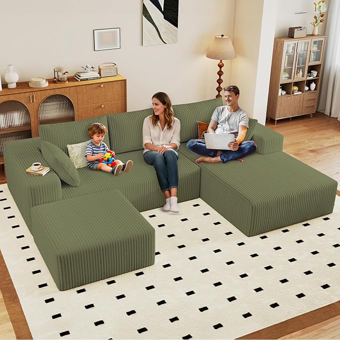 96" U-Shape Cloud Couch, Modern Modular Sectional L-Shape Sofa with Ottoman, Corduroy Upholstered Couches Deep Seat Sleeper Chaise Longue for Living Room, No Assembly Required(Green, Right Facing)