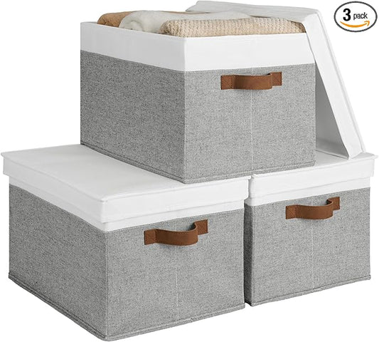 StorageWorks Storage Bins with Lids, Decorative Storage Boxes with Lid and PU Handles, Foldable Storage Baskets for Closet, Shelves, Stackable, Gray and White, Jumbo, 3-Pack