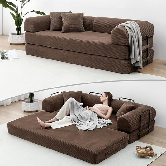 Compression Sofa - 79'' Convertible Sofa Bed, Boneless Couch in a Box, Modular Corduroy Foldable Sleeper Sofa with 2 Pillows, Loveseat Couches for Living Room (Corduroy Fabric, Brown)