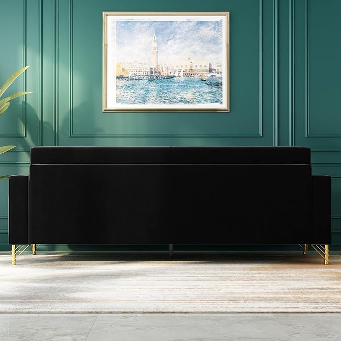 2PCS 85" Black Velvet Sofa Set,Modern Loveseat Couch with Pillows Set of 2 for Living Room,Bedroom,Apartment Furniture with Gold Metal Legs