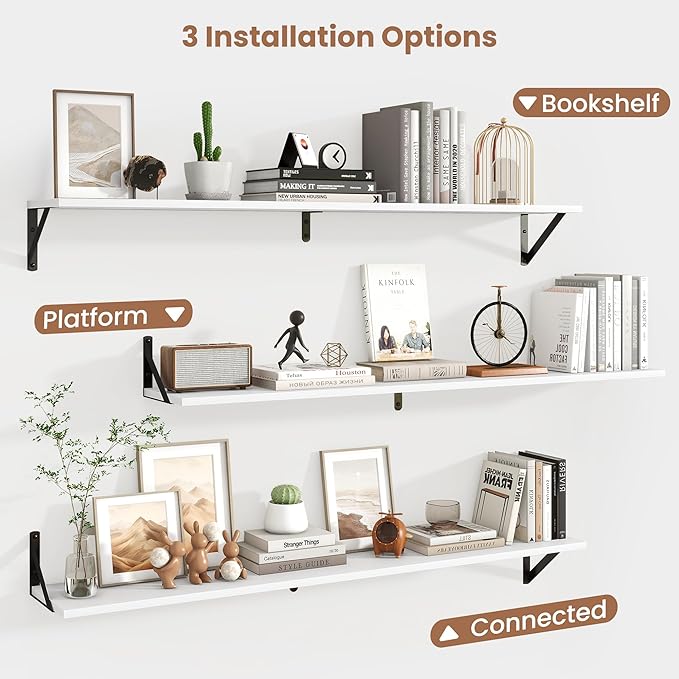 Axeman White Floating Shelves for Wall 48 Inch | 47.3W x 8D Rustic Wood Floating Shelves Set of 2 | 8 Inch Deep Long Wall Shelves for Bathroom Kitchen Living Room | Bookshelf Display Shelves