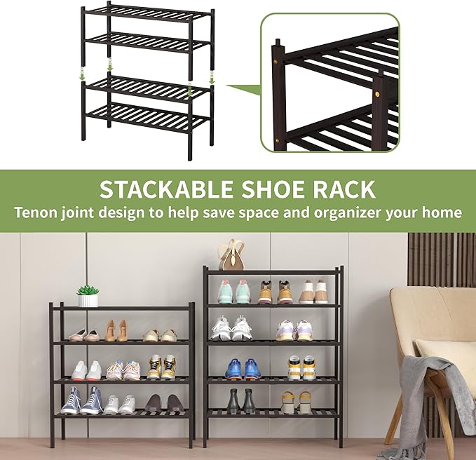 4 Tier Bamboo Shoe Rack for Closet Free Standing Wood Shoe Shelf for Entryway Small Space Stackable 27"x11"x26" (Brown)