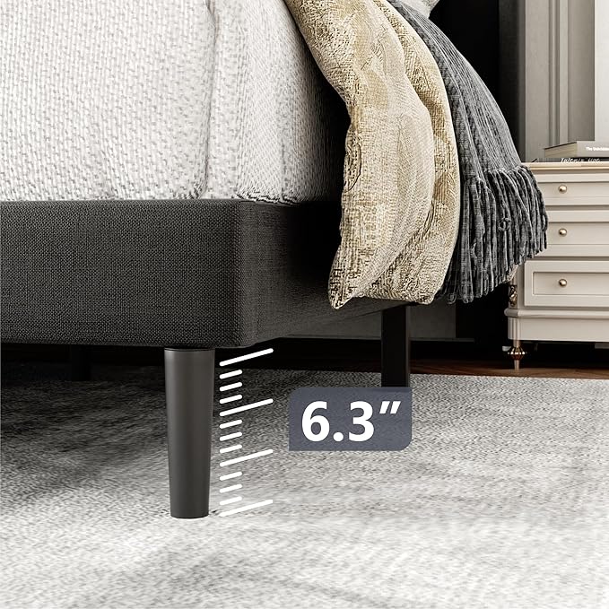 King Size Bed Frame with Wingback Headboard, Upholstered Platform Bed, No Box Spring Needed, Sturdy Wooden Slat Support, Easy Assembly, Dark Gray