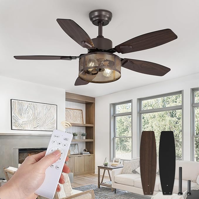 Farmhouse Oil Bronze Ceiling Fans with Lights and Remote, 42 Inch Bedroom Caged Ceiling Fans for Living Room Kitchen，6 Speed Reversible Quiet DC Motor, Dual Finish 5 Blades