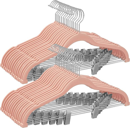 SONGMICS 30-Pack Pants Hangers, 16.7-Inch Long Velvet Hangers with Adjustable Clips, Heavy-Duty, Non-Slip Skirt Hangers, Space-Saving for Pants, Skirts, Coats, Dresses, Light Pink UCRF12PK30