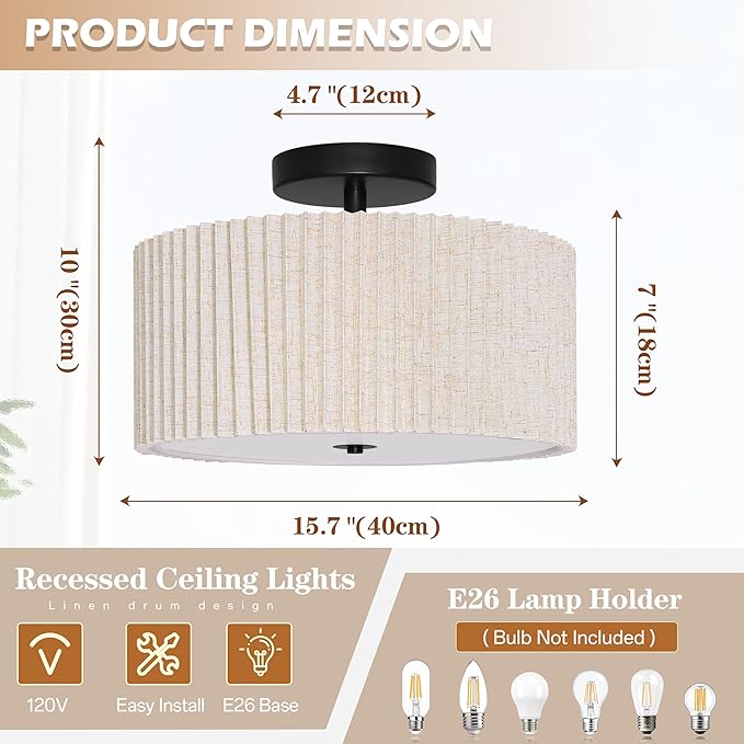 3-Light Semi Flush Mount Ceiling Lights Fixture 15.7 Inch Drum Light Fixture Drum Ceiling Lights with Pleated Fabric Shade Black Close to Light Fixtures for Hallway Living Room