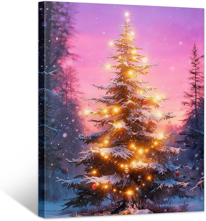 Framed Christmas Pictures Wall Decor,Vintage Pine Tree Prints,Winter Christmas Canvas Wall Art Decoration for Bedroom Bathroom Living Room Rustic Xmas Holiday Gifts (Christmas Tree 18, 20'' X 32'')