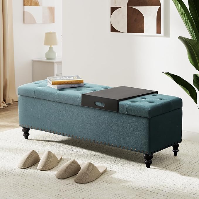 HUIMO 51-inch Storage Ottoman Bench with Removable Tray, Bedroom Bench with Button-Tufted, Safety Hinge Ottoman in Upholstered Fabrics, Large Long Bench for Living Room, Bedroom (Teal)
