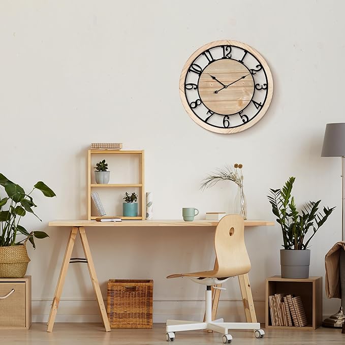 Maxstar 20'' Wall Clock for Living Room Decor, Ultra-Silent Rustic Wooden Farmhouse Wall Clock with Metal & Real Wood Frame, Battery Operated, for Kitchen Bedroom Office, Arabic Numerals