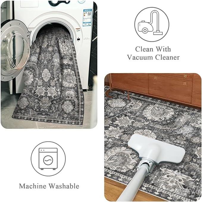 RUGSURE Washable Area Rugs - Perfect for Living Room, Bedroom, Kids Room, Nursery - Stain & Water Resistant Non-Slip, Pet & Child Friendly, Vintage Tribal Area Rugs (Grey, 8' x 10')