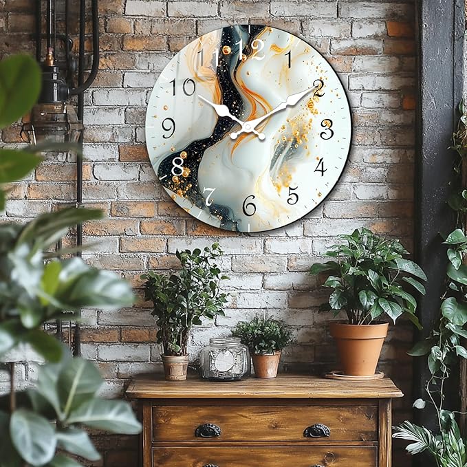 Marble Texture Wooden Wall Clock Silent Non-Ticking Battery Operated 12 Inches Modern Home Decorative Kitchen Decor Quartz Small Analog Clock for Bedroom, Office