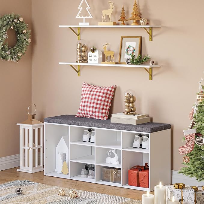 DINZI LVJ Long Wall Shelves, Set of 4, 39.4Inch Wall Mounted Shelves, Floating Shelves for Wall Storage with Metal Brackets, for Living Room, Bathroom, Bedroom, Kitchen, White and Gold