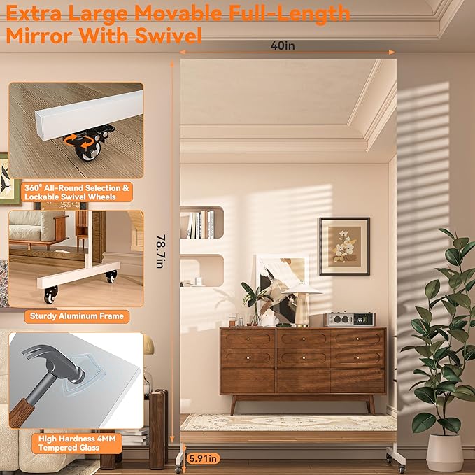 Hasipu Home Gym Mirror 360° Swivel on Wheels, 79" x 40" Extra Large Full Body Rolling and Tempered Glass Easy to Move Full Length Mirror for Yoga Studio, Bedroom, Dancing Studio, White