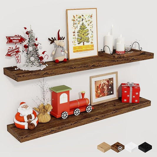 36Inch Floating Shelves for Wall 2 Pack Wood Shelves for Kitchen, Bathroom, Bedroom Wall Mounted Rustic Wood Floating Shelf with Invisible Brackets for Books, Storage, Decor, Rustic Brown