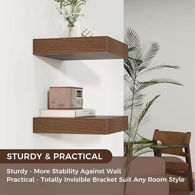 Square Floating Shelves for Wall, 12" W x 12" D x 2" H, 2 Pack, Small Wall Mounted Engineered Wood Shelves with Invisible Brackets for Living Room, Bedroom, Bathroom, Kitchen Decor, Walnut