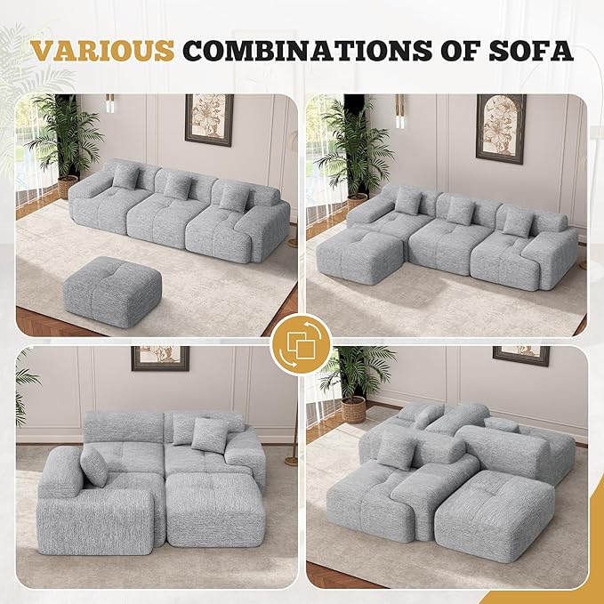 158" Modern U Shaped Modular Sectional Sofa, Boneless Couches for Living Room,6 Seater Convertible Chenille Cloud Couch Sofa Set, No Assembly Required, Light Grey 1 PCS