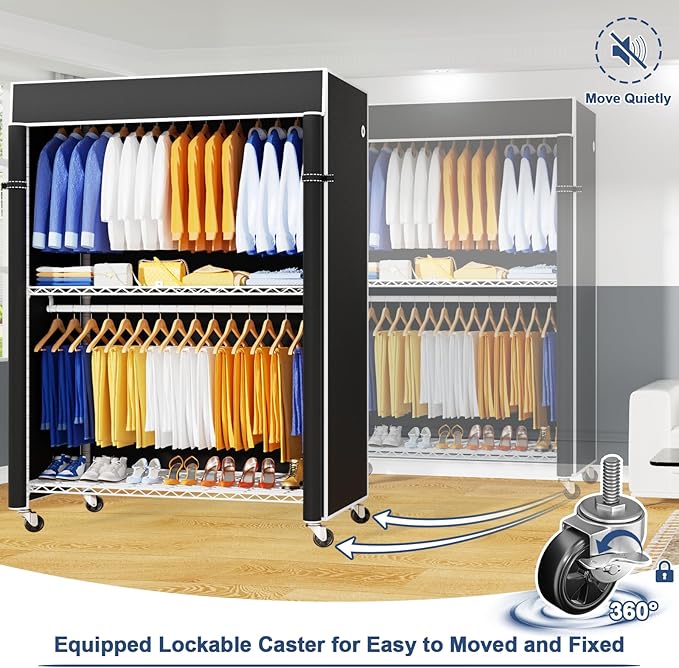 P8C Heavy Duty Clothes Rack（With Extended Width Design） Rolling Clothing Racks for Hanging Clothes with Lockable Wheels，51.2"W x 15.8"D x 80.5"H，Max Load 700LBS，White Rack with Black Cover