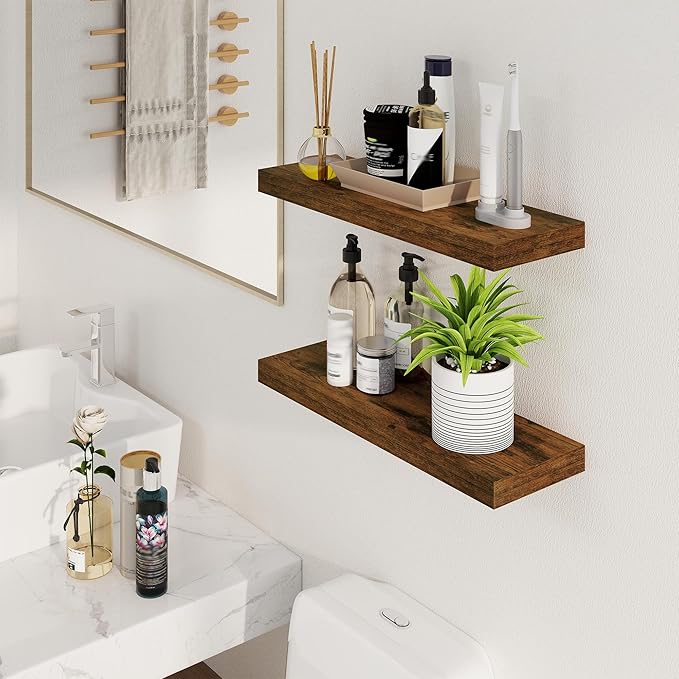 Fun Memories Floating Shelves for Wall, 24Inch Floating Shelves Set of 2, Hanging Shelf with Invisible Brackets, Wood Shelves for Living Room, Bedroom, Kitchen, Brown