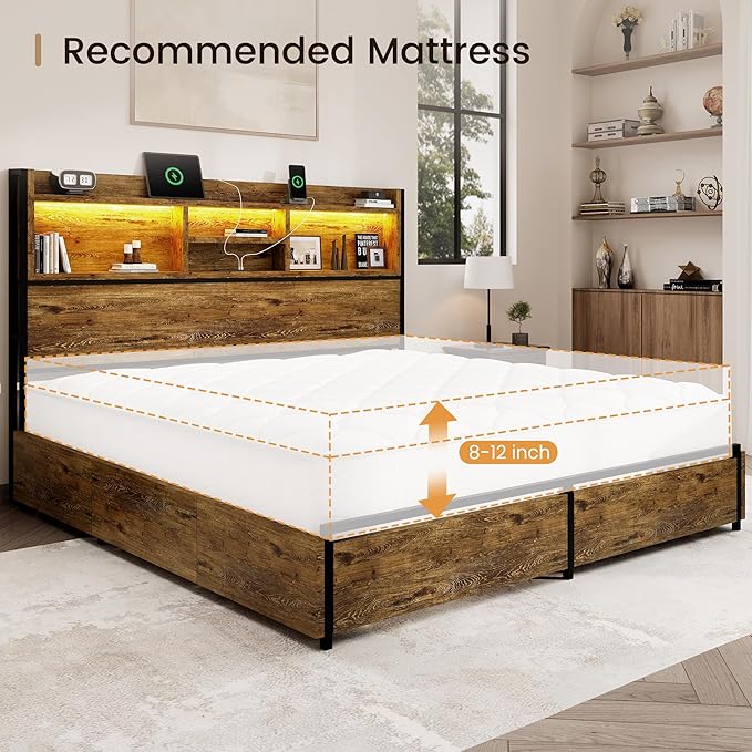 King Storage Bed Frame with 6 Drawers, USB Charging Station, No Noise, No Box Spring Required, Vintage Brown Headboard Platform Bed