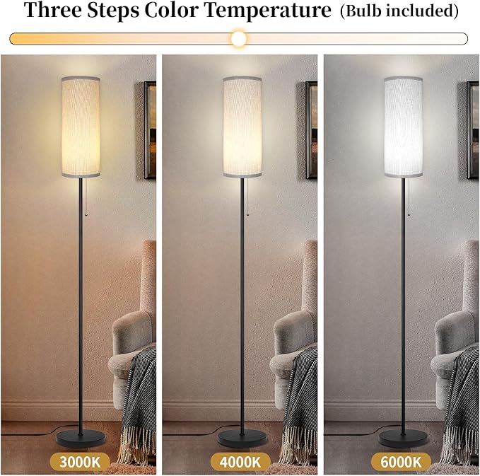 Floor Lamp for Living Room, Modern Standing Lamps with Lampshade, Minimalist Tall Lamp with Chain Switch for Living Room, LED Bulb Included (Gray Shade)