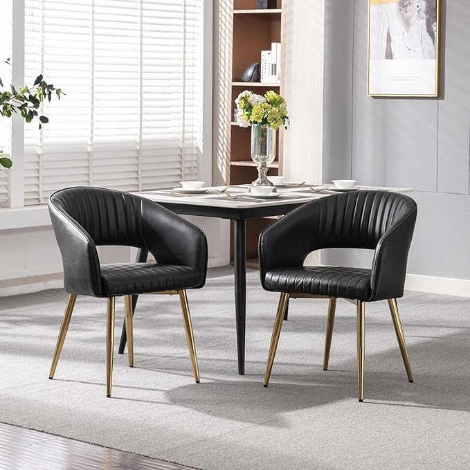 Modern Dining Chairs Set of 8, Upholstered PU Leather Gold Dining Room Chairs with Hollow Back, Accent Armrest Kitchen Chairs with Gold Legs for Living Room Black