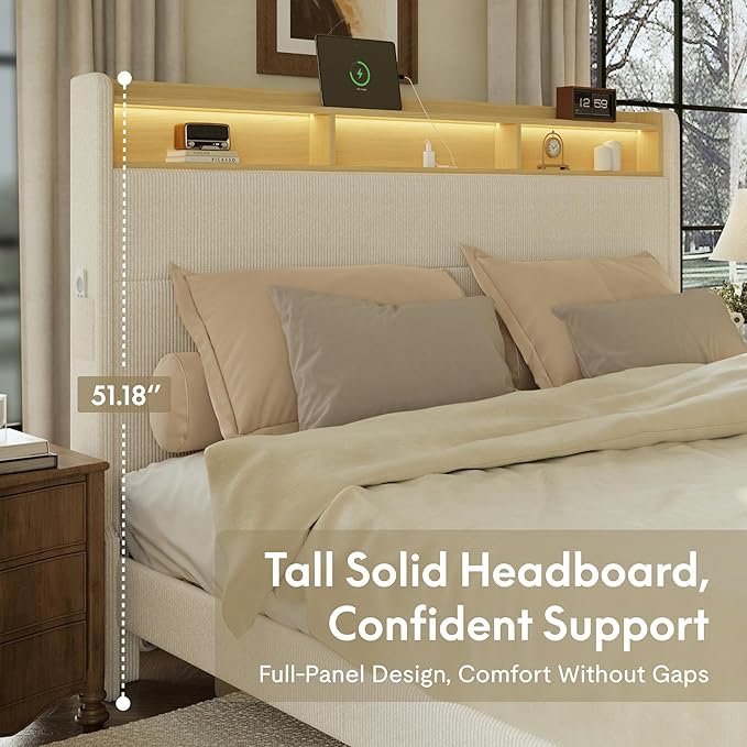 FLEXISPOT Queen Platform Bed Frame with 51" Tall Upholstered Corduroy Headboard, Two-Tier Storage Shelves, LED Light & Charging Station, Remote Pocket, No Box Spring Needed,1100Ibs Heavy-Duty, Beige