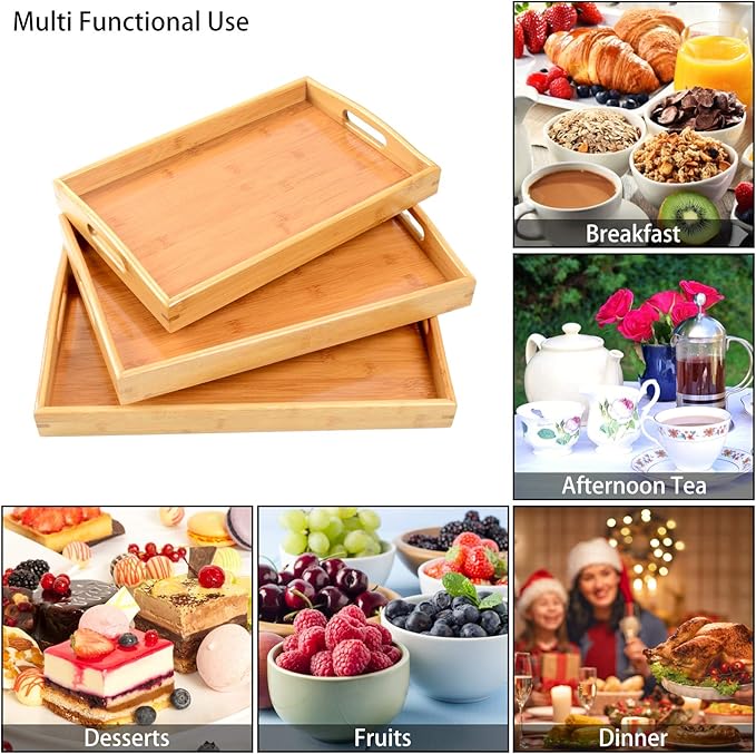 3 Pack Bamboo Serving Trays with Handles, Rectangular Kitchen Food Tray for Eating, Dinner Trays for Eating on Couch, Wood Serving Platter for Breakfast, Tea, Bar, Restaurant, Party or Bed (Beige)