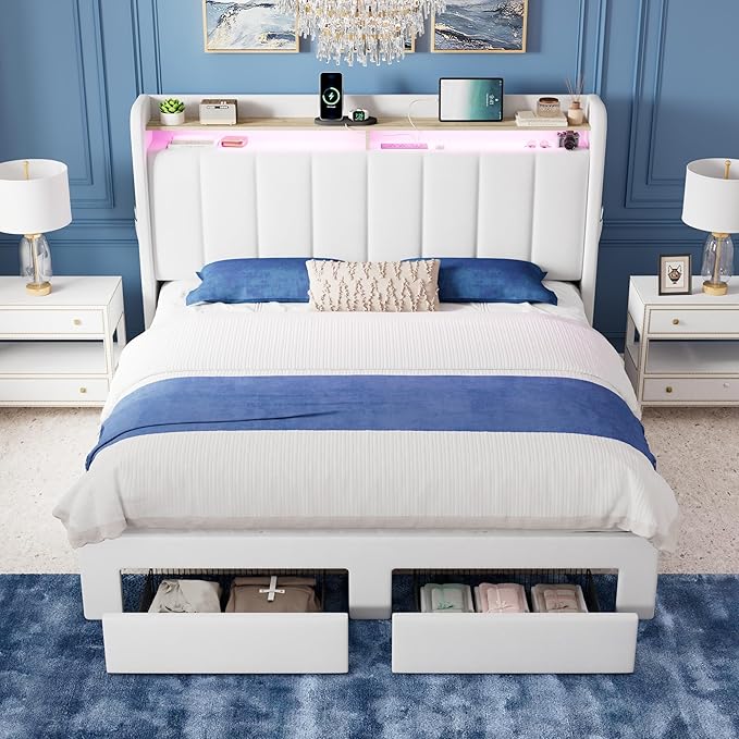 Allewie Velvet Vertical Tufted Queen Upholstered Platform Bed Frame with 2-Tier LED Storage Headboard & 2 Storage Drawers, USB & Type-C Charging Ports, Noise-Free/No Box Spring Needed, White