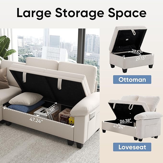 100" Modular Sectional Sleeper Sofa with Pull Out Bed,U Shaped 7 Seat Sectional Sofa with Storage,Modular Couch for Living Room,Deep Seat Couch with Removable Sofa Cover,Beige