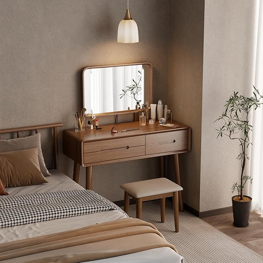 Solid Wood Vanity Desk with Mirror and Lights,Adjustable Height and Brightness, Makeup Vanity with 3 Drawers,Semi-Assembled,Dressing Table for Bedroom (Walnut)