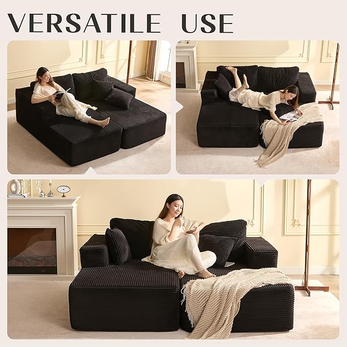 Chaise Lounge Chair, Boneless Couch for Living Room and Bedroom, Sleeper Couches Reading Chairs, Corduroy, Black