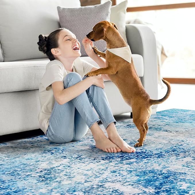 9x12 Area Rugs Living Room Rug - Washable Neutral Modern Abstract Large No Slip Soft Thin Rug Indoor Floor Carpet for Bedroom Under Dining Table Home Office Nursery Room - Blue White